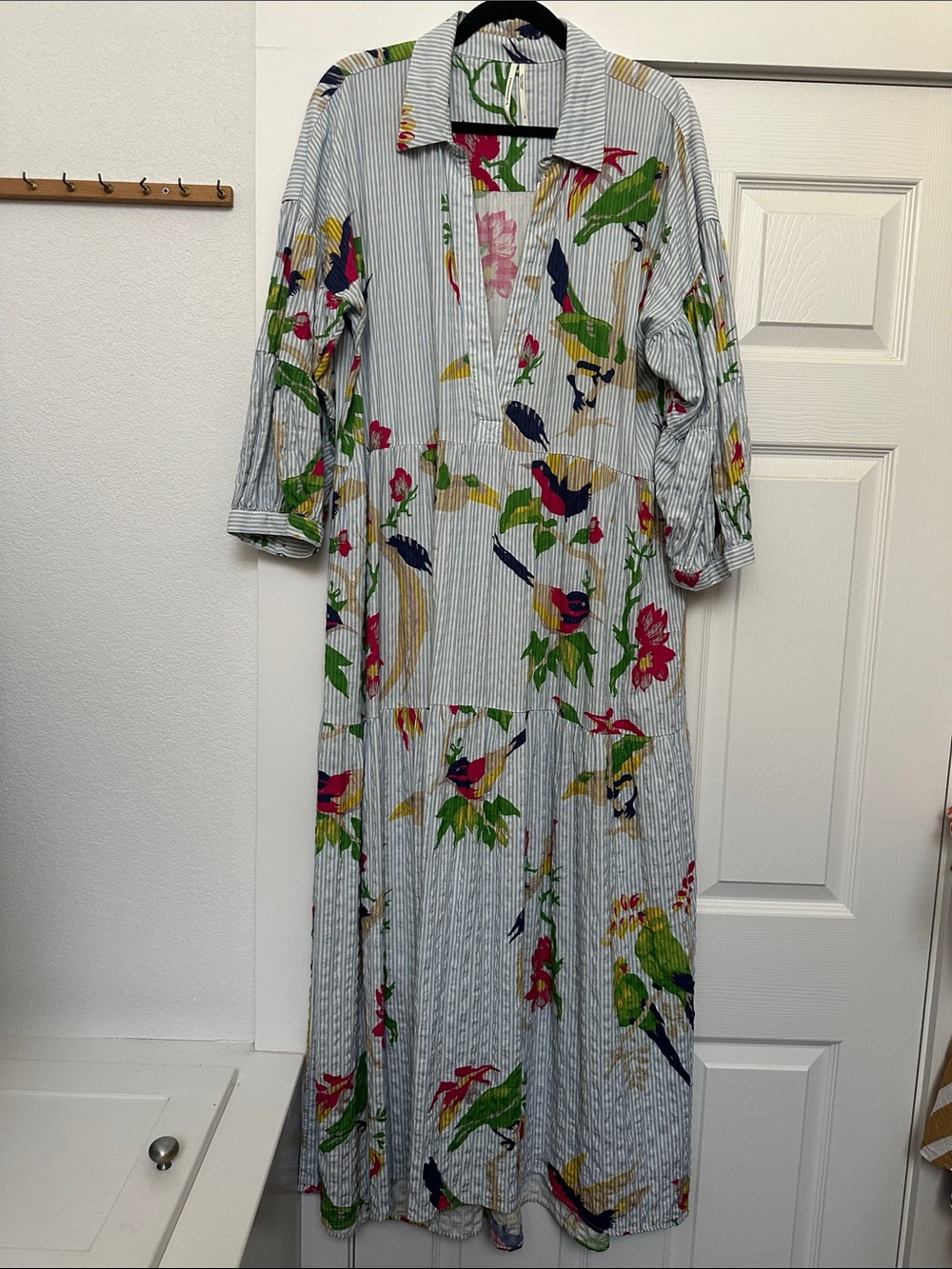 Anthropologie Striped Maxi Dress with Multicolor Floral & Bird Print - Picture 2 of 4